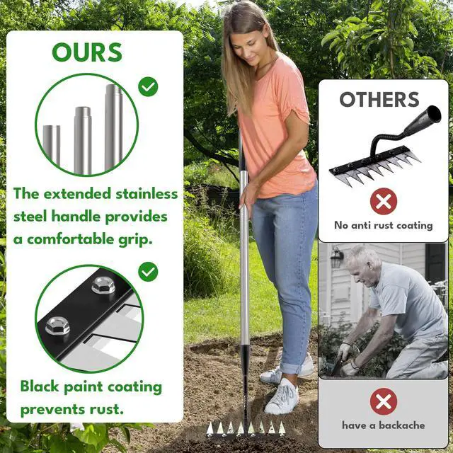 Alt view image 3 of 7 - Iron Weeding Rake with Long Handle 2.0, Upgraded 8 Teeths Garden Weed Puller Tool Heavy Duty Gardening Tool for Lawn, Flower Beds & Soil Aeration