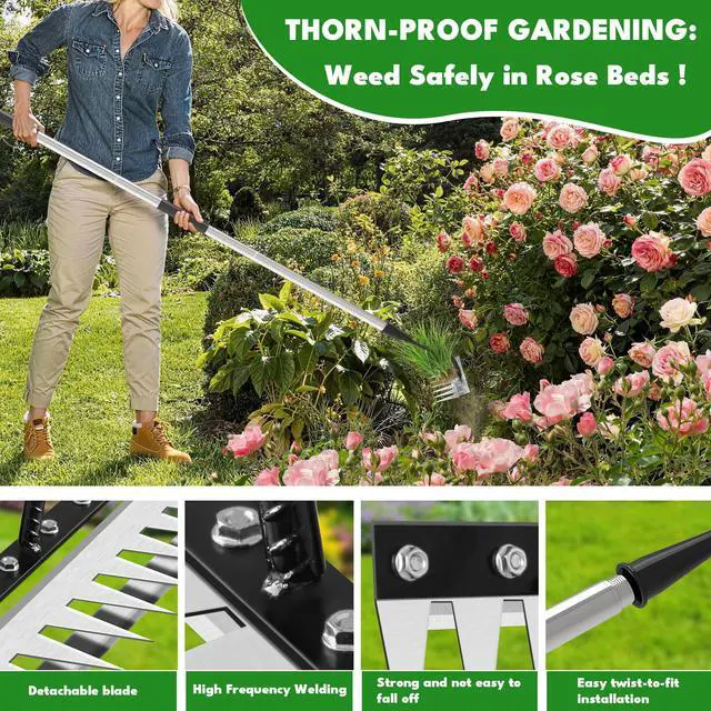 Alt view image 5 of 7 - Iron Weeding Rake with Long Handle 2.0, Upgraded 8 Teeths Garden Weed Puller Tool Heavy Duty Gardening Tool for Lawn, Flower Beds & Soil Aeration