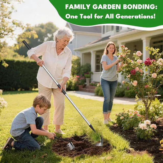 Alt view image 6 of 7 - Iron Weeding Rake with Long Handle 2.0, Upgraded 8 Teeths Garden Weed Puller Tool Heavy Duty Gardening Tool for Lawn, Flower Beds & Soil Aeration