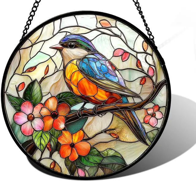 Main image of Stained Glass Window Hanging, Blue Bird Pink Flower Suncatcher Diamond Glass Panel Bird Sun Catchers Decor for Birthday for Women, Men, Wife, Aunt, and Mom 6.3 in