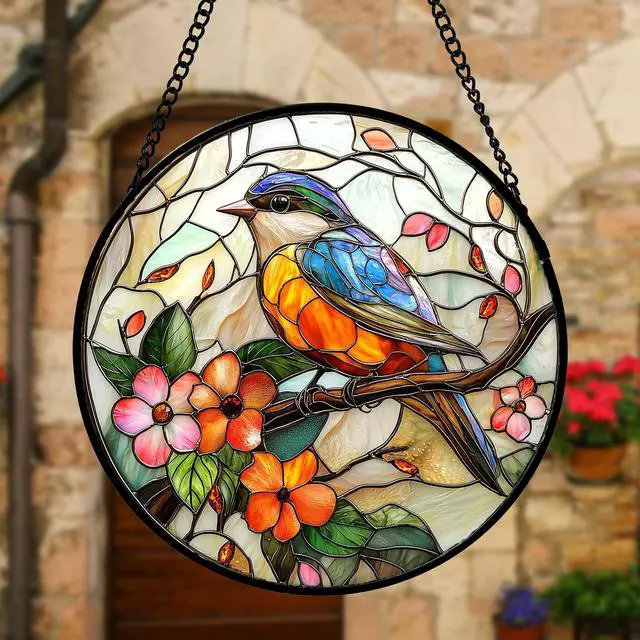 Alt view image 2 of 6 - Stained Glass Window Hanging, Blue Bird Pink Flower Suncatcher Diamond Glass Panel Bird Sun Catchers Decor for Birthday for Women, Men, Wife, Aunt, and Mom 6.3 in