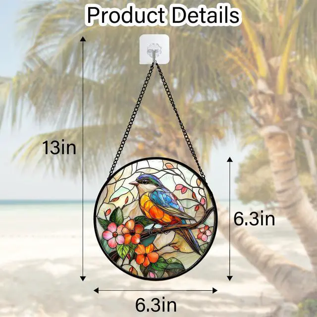 Alt view image 3 of 6 - Stained Glass Window Hanging, Blue Bird Pink Flower Suncatcher Diamond Glass Panel Bird Sun Catchers Decor for Birthday for Women, Men, Wife, Aunt, and Mom 6.3 in