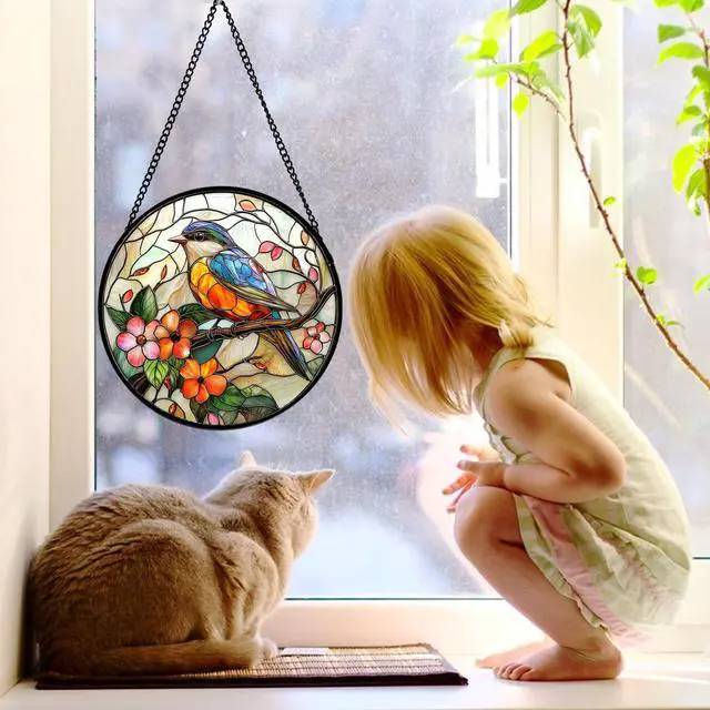 Alt view image 4 of 6 - Stained Glass Window Hanging, Blue Bird Pink Flower Suncatcher Diamond Glass Panel Bird Sun Catchers Decor for Birthday for Women, Men, Wife, Aunt, and Mom 6.3 in
