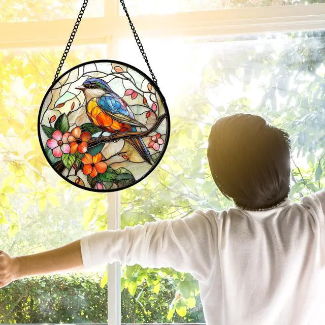 Alt view image 5 of 6 - Stained Glass Window Hanging, Blue Bird Pink Flower Suncatcher Diamond Glass Panel Bird Sun Catchers Decor for Birthday for Women, Men, Wife, Aunt, and Mom 6.3 in