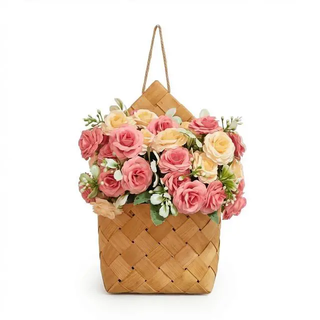 Main image of Wall Decor - Cottage Core Decor,Artificial Flower Bouquet & Handwoven Basket,Home Hanging Decorations,Spring Decor,Door Hanging Decoration (Light Pink)