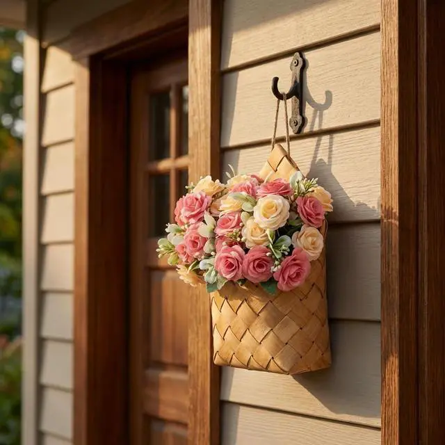Alt view image 3 of 7 - Wall Decor - Cottage Core Decor,Artificial Flower Bouquet & Handwoven Basket,Home Hanging Decorations,Spring Decor,Door Hanging Decoration (Light Pink)
