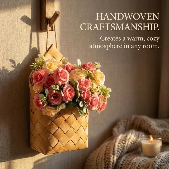 Alt view image 4 of 7 - Wall Decor - Cottage Core Decor,Artificial Flower Bouquet & Handwoven Basket,Home Hanging Decorations,Spring Decor,Door Hanging Decoration (Light Pink)