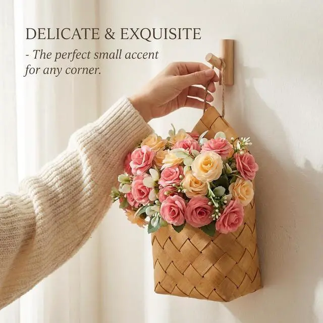 Alt view image 5 of 7 - Wall Decor - Cottage Core Decor,Artificial Flower Bouquet & Handwoven Basket,Home Hanging Decorations,Spring Decor,Door Hanging Decoration (Light Pink)