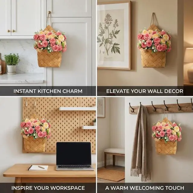 Alt view image 6 of 7 - Wall Decor - Cottage Core Decor,Artificial Flower Bouquet & Handwoven Basket,Home Hanging Decorations,Spring Decor,Door Hanging Decoration (Light Pink)