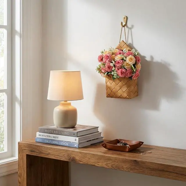 Alt view image 7 of 7 - Wall Decor - Cottage Core Decor,Artificial Flower Bouquet & Handwoven Basket,Home Hanging Decorations,Spring Decor,Door Hanging Decoration (Light Pink)
