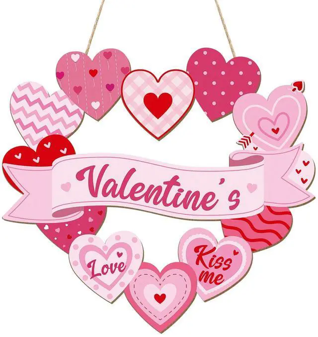 Main image of Wooden Valentines Day Door Wreath for Front Door Sign Heart Wall Signs Valentine Decoration, Sign Welcome Hanging Crafts for Home Farmhouse Wall Decor Party Outdoor indoor Supply Heart