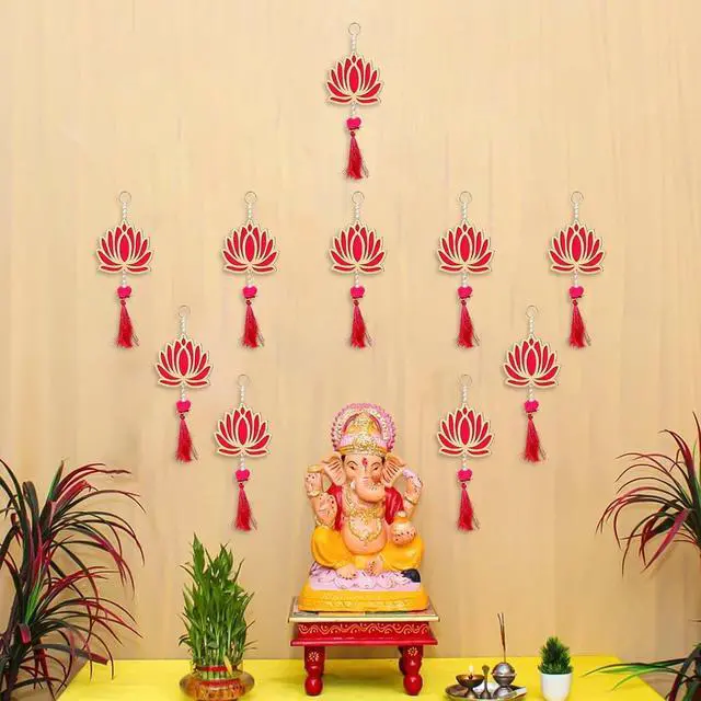Alt view image 4 of 7 - Pack of 10 Lotus Hangings for Diwali Decoration Floral Wall Hangings for Temple, Wedding, Festival, and Christmas Decor (9 Inch x 4 Inch) Latkan Toran