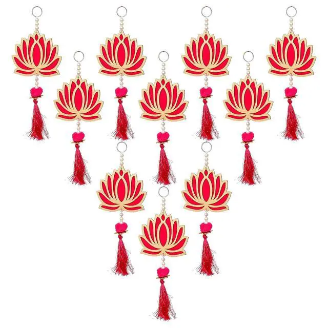 Alt view image 5 of 7 - Pack of 10 Lotus Hangings for Diwali Decoration Floral Wall Hangings for Temple, Wedding, Festival, and Christmas Decor (9 Inch x 4 Inch) Latkan Toran