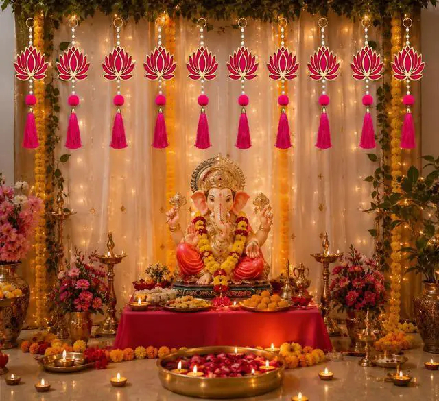 Alt view image 7 of 7 - Pack of 10 Lotus Hangings for Diwali Decoration Floral Wall Hangings for Temple, Wedding, Festival, and Christmas Decor (9 Inch x 4 Inch) Latkan Toran
