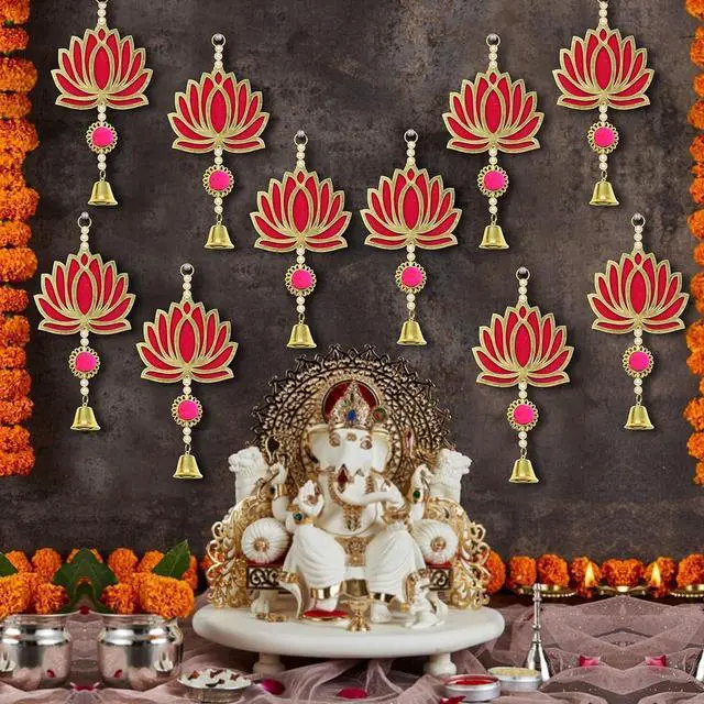 Main image of Lotus Backdrop Hanging Pooja Decor | Plastic, 9 Inch | Set of 10 | Indian Pooja Decorations for Home, Navratri, Wedding | Puja Decoration for Home, Wedding Decorations
