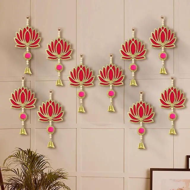 Alt view image 3 of 7 - Lotus Backdrop Hanging Pooja Decor | Plastic, 9 Inch | Set of 10 | Indian Pooja Decorations for Home, Navratri, Wedding | Puja Decoration for Home, Wedding Decorations