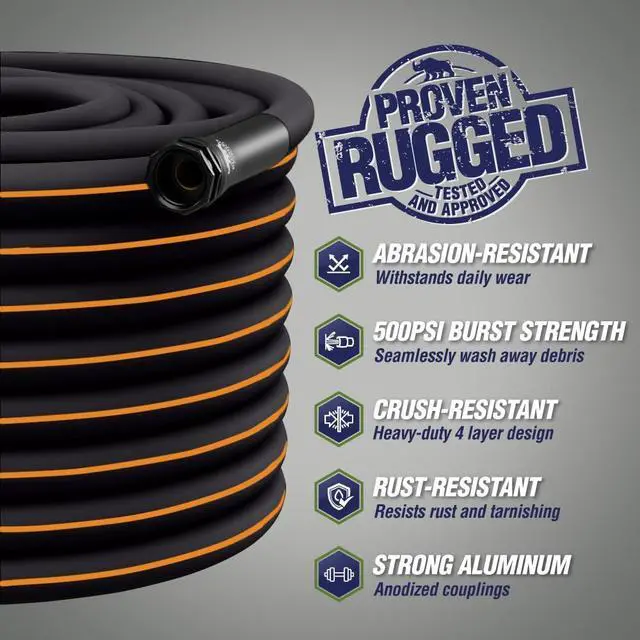 Alt view image 2 of 7 - Heavy Duty Garden Hose 25ft x 5/8in, Anti-Kink and Leakproof, Durable 4-Layer Construction, 500 PSI Burst, All Weather Outdoor Watering for Lawn, Garden, Flowers, Black and Orange