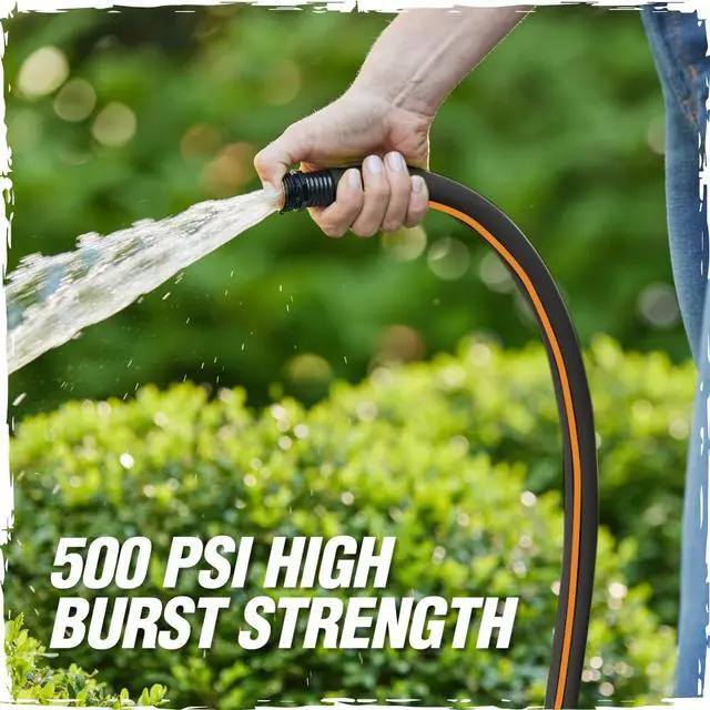 Alt view image 5 of 7 - Heavy Duty Garden Hose 25ft x 5/8in, Anti-Kink and Leakproof, Durable 4-Layer Construction, 500 PSI Burst, All Weather Outdoor Watering for Lawn, Garden, Flowers, Black and Orange
