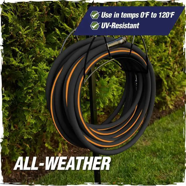 Alt view image 7 of 7 - Heavy Duty Garden Hose 25ft x 5/8in, Anti-Kink and Leakproof, Durable 4-Layer Construction, 500 PSI Burst, All Weather Outdoor Watering for Lawn, Garden, Flowers, Black and Orange