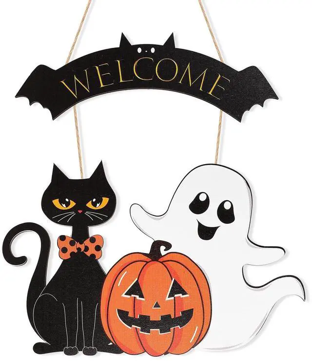 Main image of Halloween Decoration Wooden Ghost Door Halloween Wreath for Front Door Sign Wall Signs Decor, Pumpkin Black Cat Wreaths Sign Hanging for Home Wall Decor Outdoor Indoor Farmhouse Party Supply