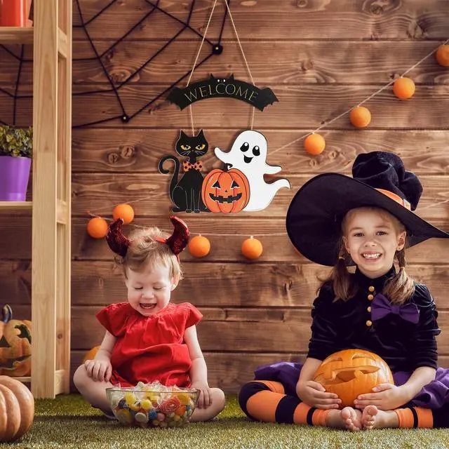 Alt view image 3 of 7 - Halloween Decoration Wooden Ghost Door Halloween Wreath for Front Door Sign Wall Signs Decor, Pumpkin Black Cat Wreaths Sign Hanging for Home Wall Decor Outdoor Indoor Farmhouse Party Supply