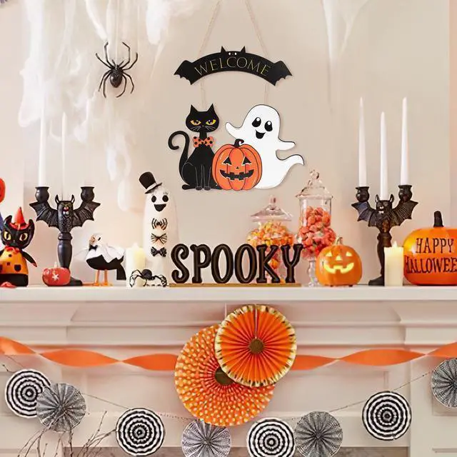 Alt view image 4 of 7 - Halloween Decoration Wooden Ghost Door Halloween Wreath for Front Door Sign Wall Signs Decor, Pumpkin Black Cat Wreaths Sign Hanging for Home Wall Decor Outdoor Indoor Farmhouse Party Supply