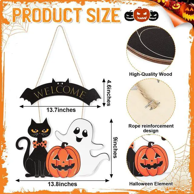 Alt view image 7 of 7 - Halloween Decoration Wooden Ghost Door Halloween Wreath for Front Door Sign Wall Signs Decor, Pumpkin Black Cat Wreaths Sign Hanging for Home Wall Decor Outdoor Indoor Farmhouse Party Supply
