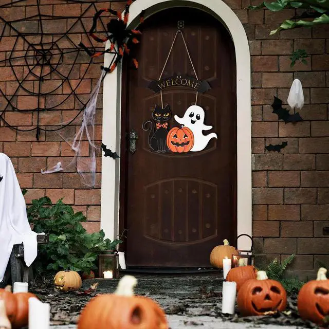 Alt view image 6 of 7 - Halloween Decoration Wooden Ghost Door Halloween Wreath for Front Door Sign Wall Signs Decor, Pumpkin Black Cat Wreaths Sign Hanging for Home Wall Decor Outdoor Indoor Farmhouse Party Supply