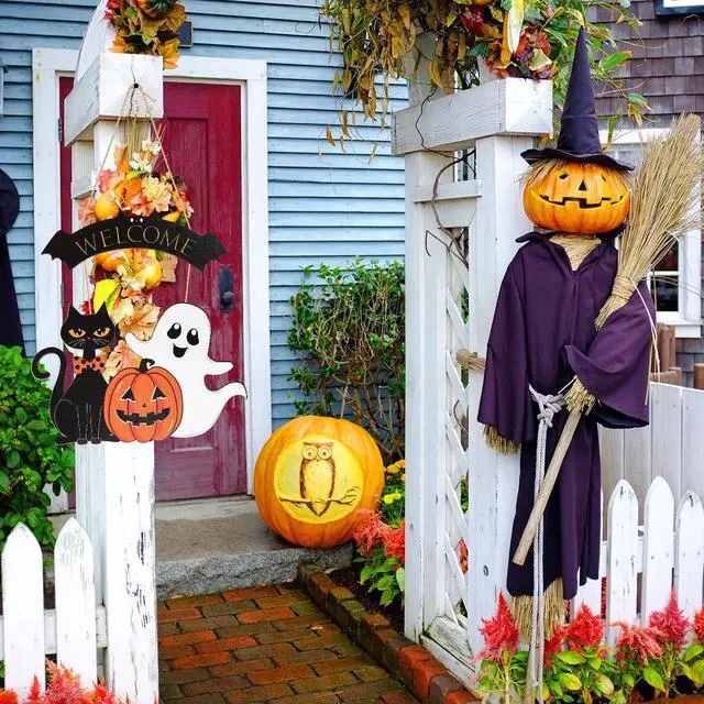 Alt view image 2 of 7 - Halloween Decoration Wooden Ghost Door Halloween Wreath for Front Door Sign Wall Signs Decor, Pumpkin Black Cat Wreaths Sign Hanging for Home Wall Decor Outdoor Indoor Farmhouse Party Supply