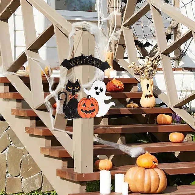 Alt view image 5 of 7 - Halloween Decoration Wooden Ghost Door Halloween Wreath for Front Door Sign Wall Signs Decor, Pumpkin Black Cat Wreaths Sign Hanging for Home Wall Decor Outdoor Indoor Farmhouse Party Supply