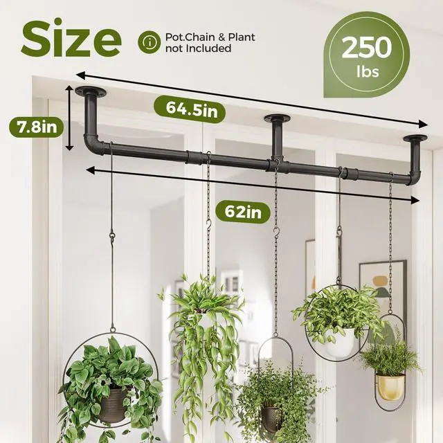 Alt view image 4 of 7 - Window Plant Hanger Indoor 63in Hanging Planters for Indoor Plants Hanging Plants Holder Hanging Rod Window Plant Shelves Wall Planters Pot/Chain/Plant Not Included(Black)