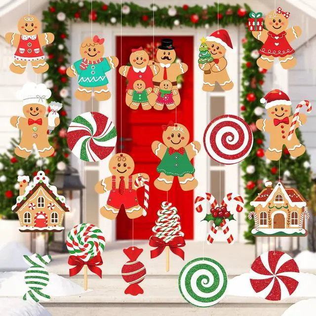 Main image of 20 Pcs Gingerbread Christmas Decorations Outdoor Large Gingerbread Hanging Xmas Candy Ginger Bread House Decor Double Sided Printing Sign for Tree Yard Porch Office Home Holiday Outside Indoor Merry