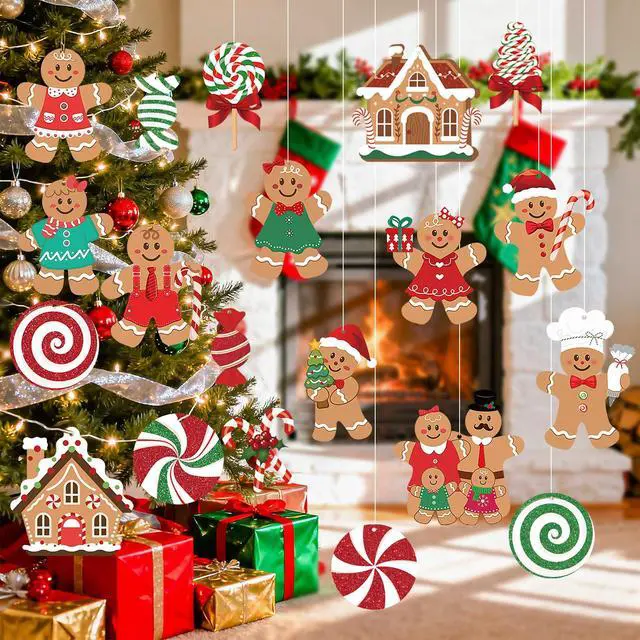 Alt view image 4 of 7 - 20 Pcs Gingerbread Christmas Decorations Outdoor Large Gingerbread Hanging Xmas Candy Ginger Bread House Decor Double Sided Printing Sign for Tree Yard Porch Office Home Holiday Outside Indoor Merry