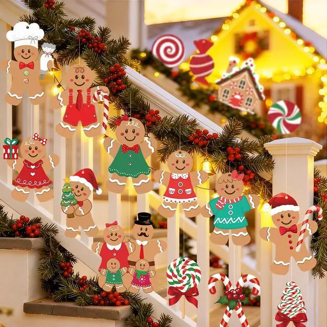 Alt view image 6 of 7 - 20 Pcs Gingerbread Christmas Decorations Outdoor Large Gingerbread Hanging Xmas Candy Ginger Bread House Decor Double Sided Printing Sign for Tree Yard Porch Office Home Holiday Outside Indoor Merry