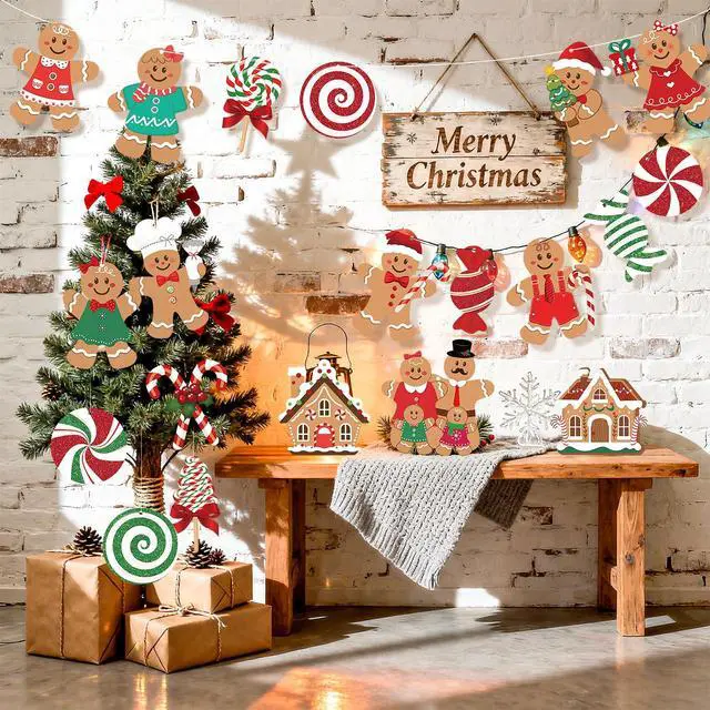 Alt view image 5 of 7 - 20 Pcs Gingerbread Christmas Decorations Outdoor Large Gingerbread Hanging Xmas Candy Ginger Bread House Decor Double Sided Printing Sign for Tree Yard Porch Office Home Holiday Outside Indoor Merry