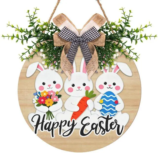 Main image of Easter Bunny Door Wreath for Outdoor Decorations Happy Easter Rabbit Door Sign with Bow Wooden Hanging Porch Signs for Holiday Home Wall Decor