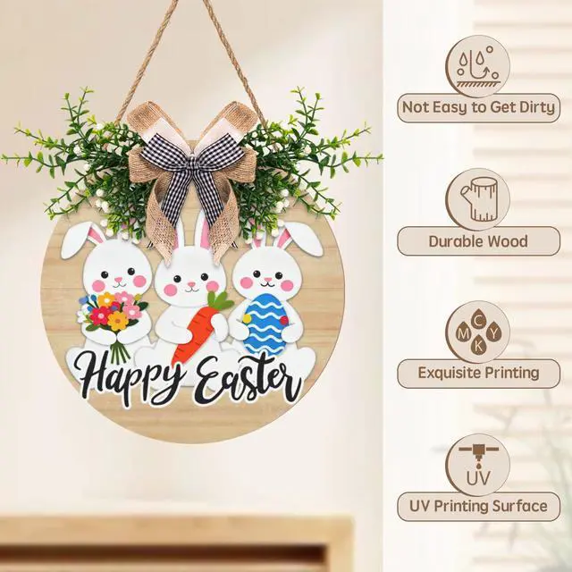 Alt view image 2 of 7 - Easter Bunny Door Wreath for Outdoor Decorations Happy Easter Rabbit Door Sign with Bow Wooden Hanging Porch Signs for Holiday Home Wall Decor