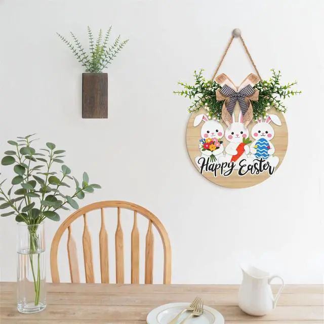 Alt view image 3 of 7 - Easter Bunny Door Wreath for Outdoor Decorations Happy Easter Rabbit Door Sign with Bow Wooden Hanging Porch Signs for Holiday Home Wall Decor