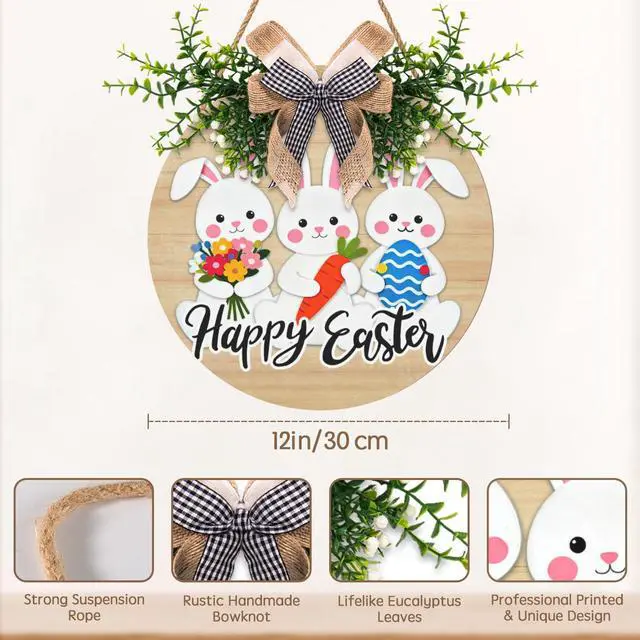 Alt view image 4 of 7 - Easter Bunny Door Wreath for Outdoor Decorations Happy Easter Rabbit Door Sign with Bow Wooden Hanging Porch Signs for Holiday Home Wall Decor