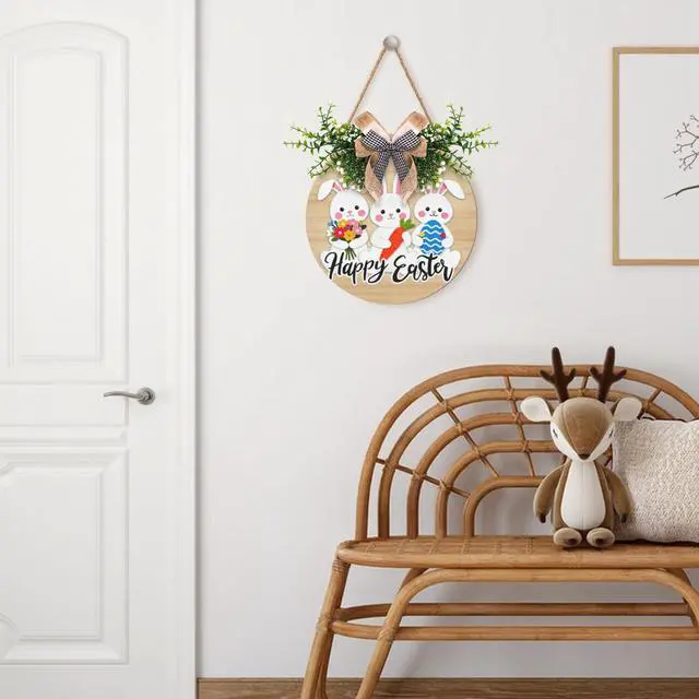 Alt view image 6 of 7 - Easter Bunny Door Wreath for Outdoor Decorations Happy Easter Rabbit Door Sign with Bow Wooden Hanging Porch Signs for Holiday Home Wall Decor