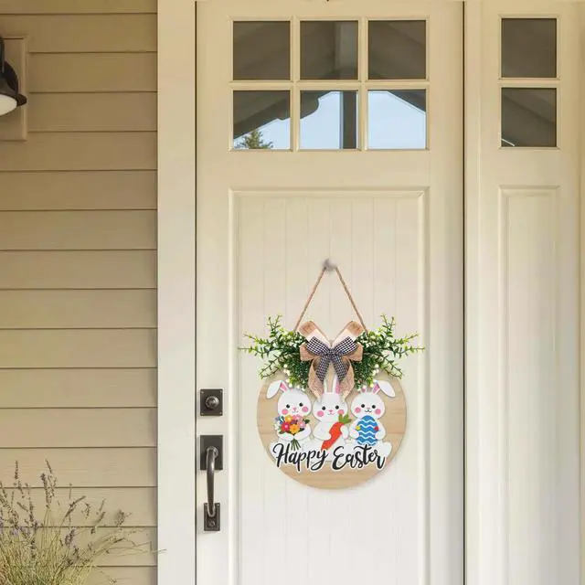 Alt view image 5 of 7 - Easter Bunny Door Wreath for Outdoor Decorations Happy Easter Rabbit Door Sign with Bow Wooden Hanging Porch Signs for Holiday Home Wall Decor