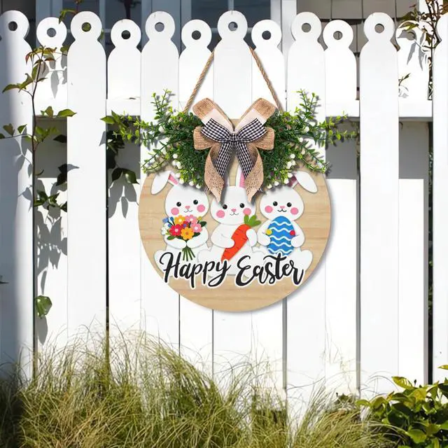 Alt view image 7 of 7 - Easter Bunny Door Wreath for Outdoor Decorations Happy Easter Rabbit Door Sign with Bow Wooden Hanging Porch Signs for Holiday Home Wall Decor