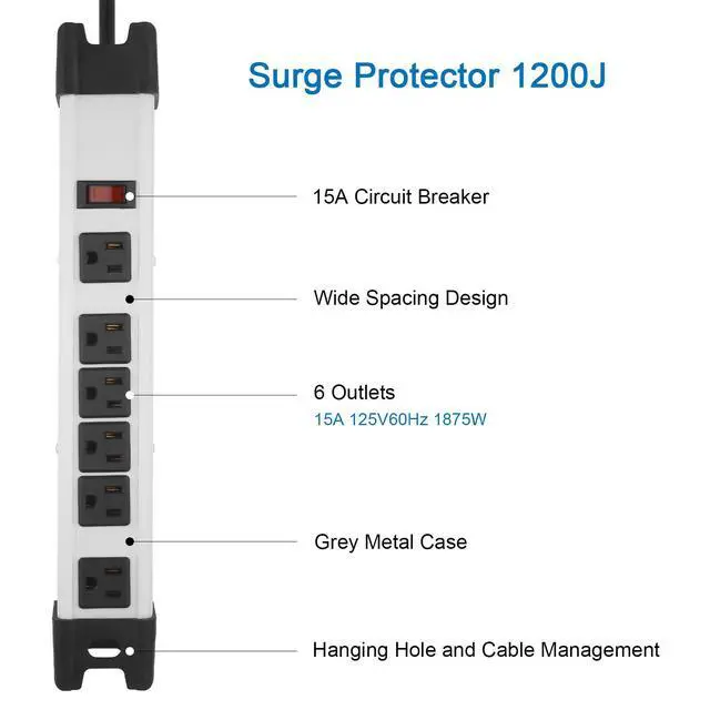 Alt view image 2 of 7 - Heavy Duty Surge Protector Power Strip - 6 Outlet Industrial With 15A, Shop Workshop Garden Metal, 6FT Cord, 1200 Joules, ETL Listed (15FT, Grey)
