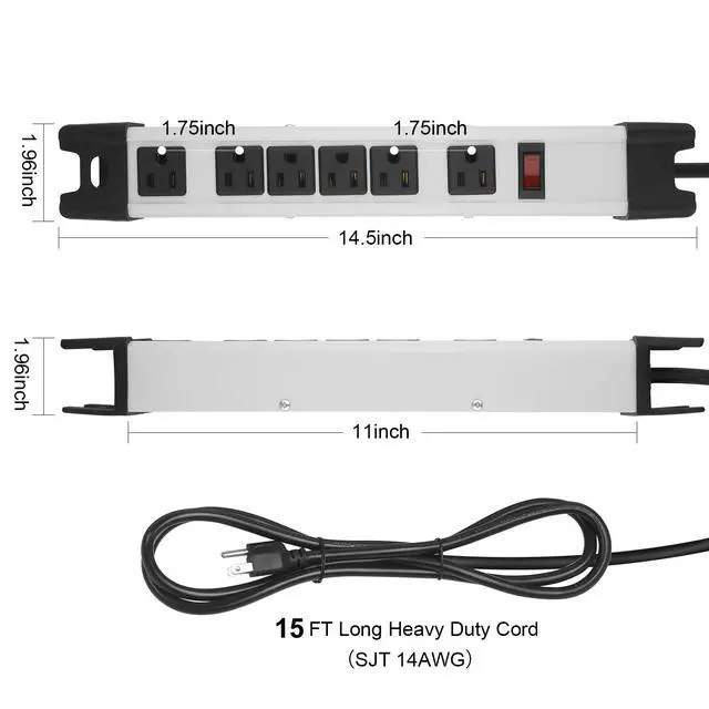 Alt view image 3 of 7 - Heavy Duty Surge Protector Power Strip - 6 Outlet Industrial With 15A, Shop Workshop Garden Metal, 6FT Cord, 1200 Joules, ETL Listed (15FT, Grey)