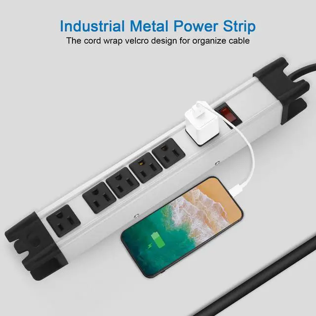 Alt view image 6 of 7 - Heavy Duty Surge Protector Power Strip - 6 Outlet Industrial With 15A, Shop Workshop Garden Metal, 6FT Cord, 1200 Joules, ETL Listed (15FT, Grey)