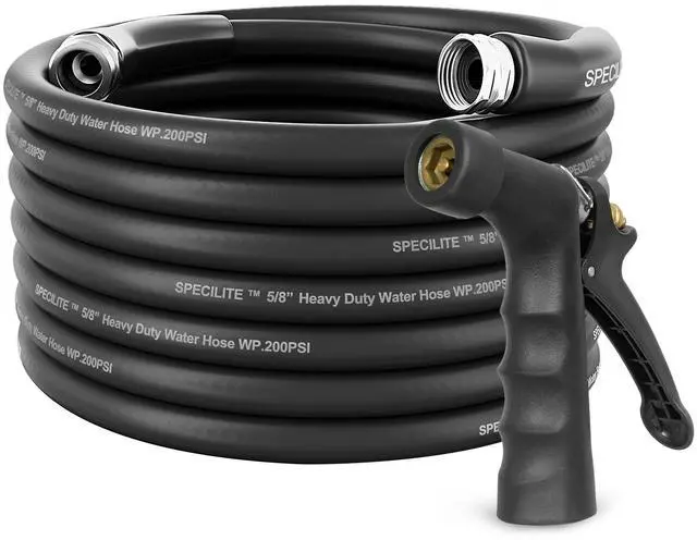 Main image of 5/8" Hot/Cold Garden Hose 50 ft with Industrial High Pressure Nozzle, Flexible & Lightweight, 600psi Burst Rubber Water hose -50-158 With 3/4"Stainless Steel Fittings for Yard, Black