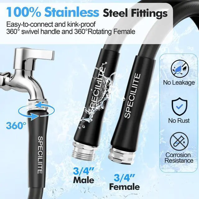 Alt view image 5 of 7 - 5/8" Hot/Cold Garden Hose 50 ft with Industrial High Pressure Nozzle, Flexible & Lightweight, 600psi Burst Rubber Water hose -50-158 With 3/4"Stainless Steel Fittings for Yard, Black
