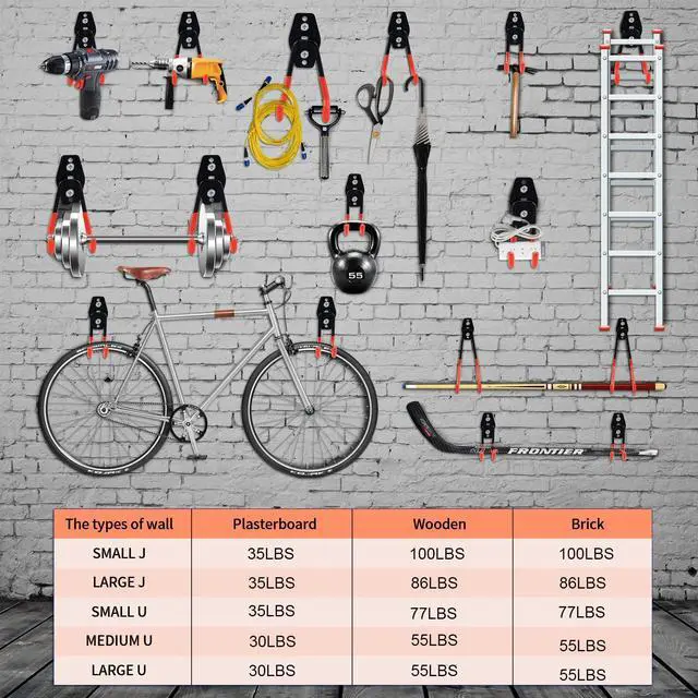 Alt view image 3 of 7 - 16 Pack Garage Hooks Heavy Duty, Industrial Wall Mount Garage Storage Hooks for Hanging Bike, Ladder and Garden Tools, Organization System with Mop Broom Holders, 100 LBS Capacity, Orange