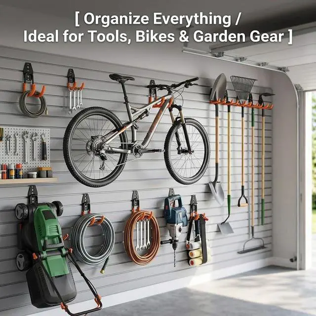 Alt view image 4 of 7 - 16 Pack Garage Hooks Heavy Duty, Industrial Wall Mount Garage Storage Hooks for Hanging Bike, Ladder and Garden Tools, Organization System with Mop Broom Holders, 100 LBS Capacity, Orange
