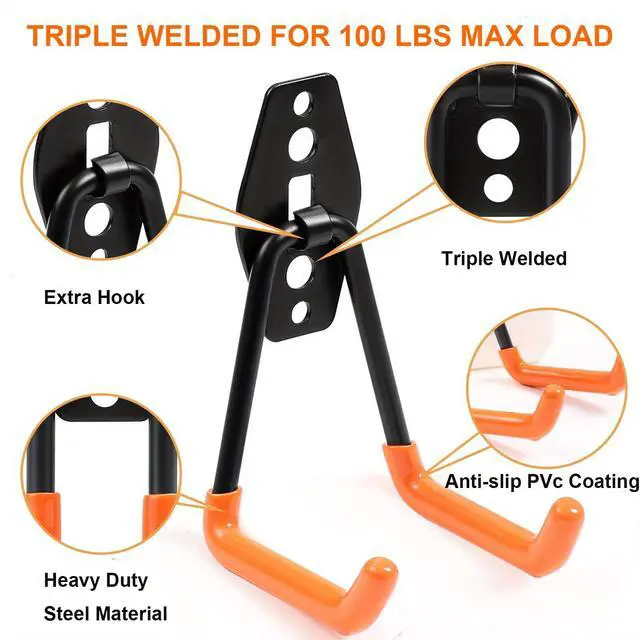 Alt view image 2 of 7 - 16 Pack Garage Hooks Heavy Duty, Industrial Wall Mount Garage Storage Hooks for Hanging Bike, Ladder and Garden Tools, Organization System with Mop Broom Holders, 100 LBS Capacity, Orange